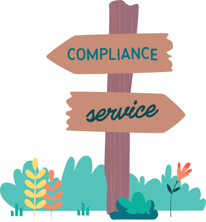 Vector illustration of a brown wooden post with two wooden arrow signs labeled "compliance" pointing left and "service" pointing right. The post base is nestled among yellow, green, and orange plantlife. 