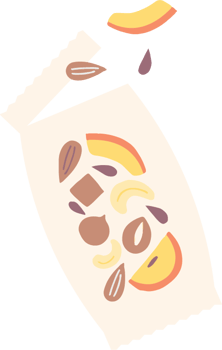 Vector illustration of a see-through, beige-colored snack bag ripped open - with brown nuts, seeds, and orange and yellow pieces of dried fruit