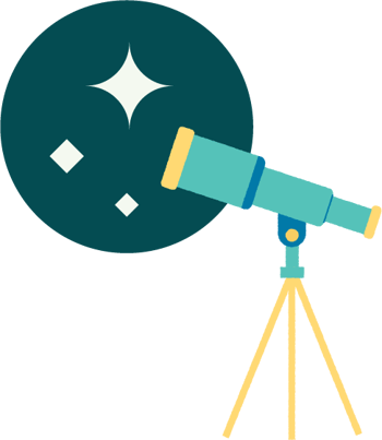 Vector illustration of a light teal, blue, and yellow telescope pointed at the night sky.