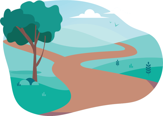 Vector illustration of a single, light brown path in a green, grassy area that splits into two directions toward a hilly area. In the foreground left stands a bushy tree.